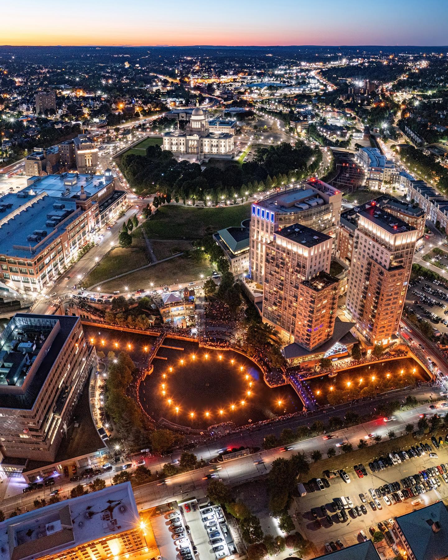 Aerial photo of Waterfire in Downtown Providence